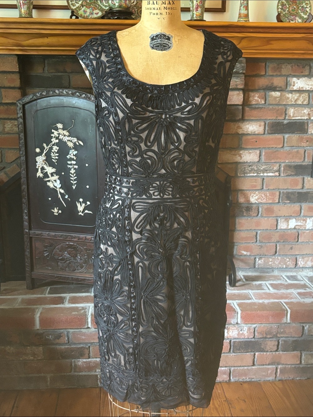 Sue Wong Black Lace Midi Dress with Nude Lining